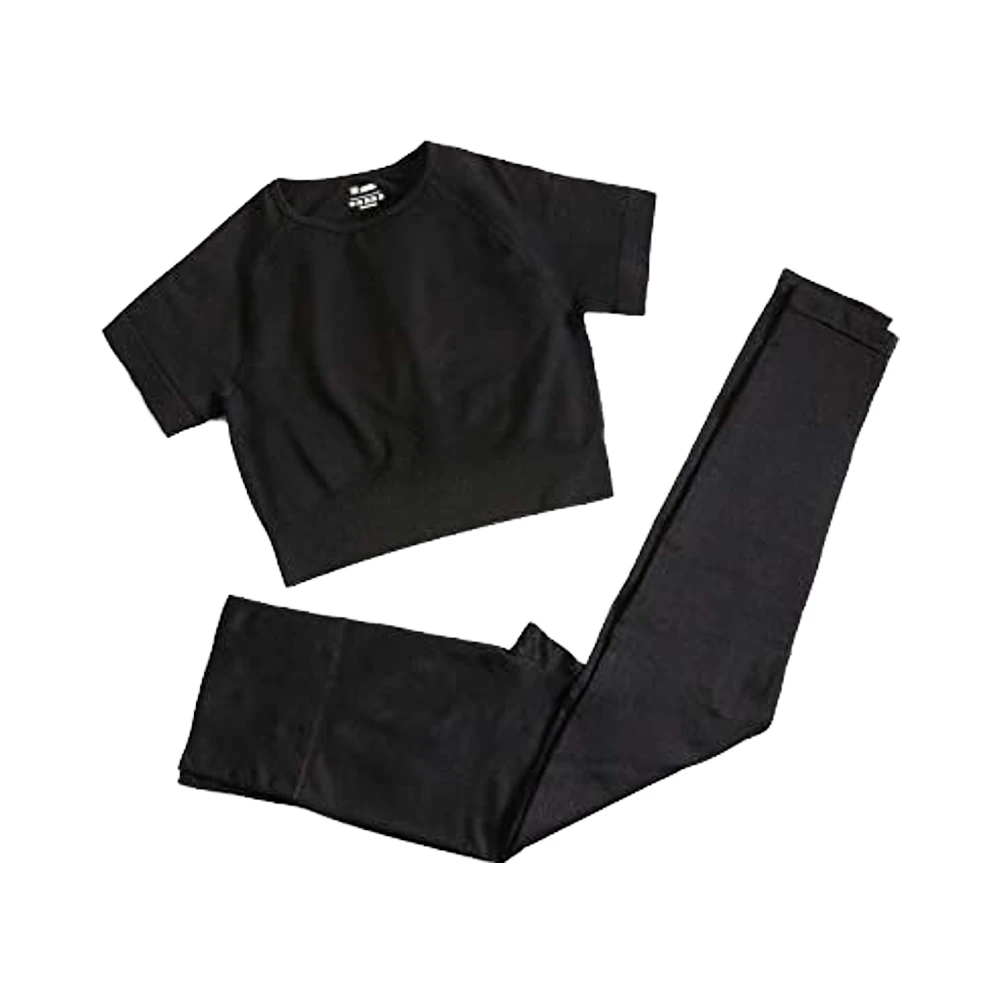 Women's High Elastic Waist Seamless Yoga Crop Tops Leggings Athletic Sports Gym Sets Soft Two-Piece Outfits Breathable Solid
