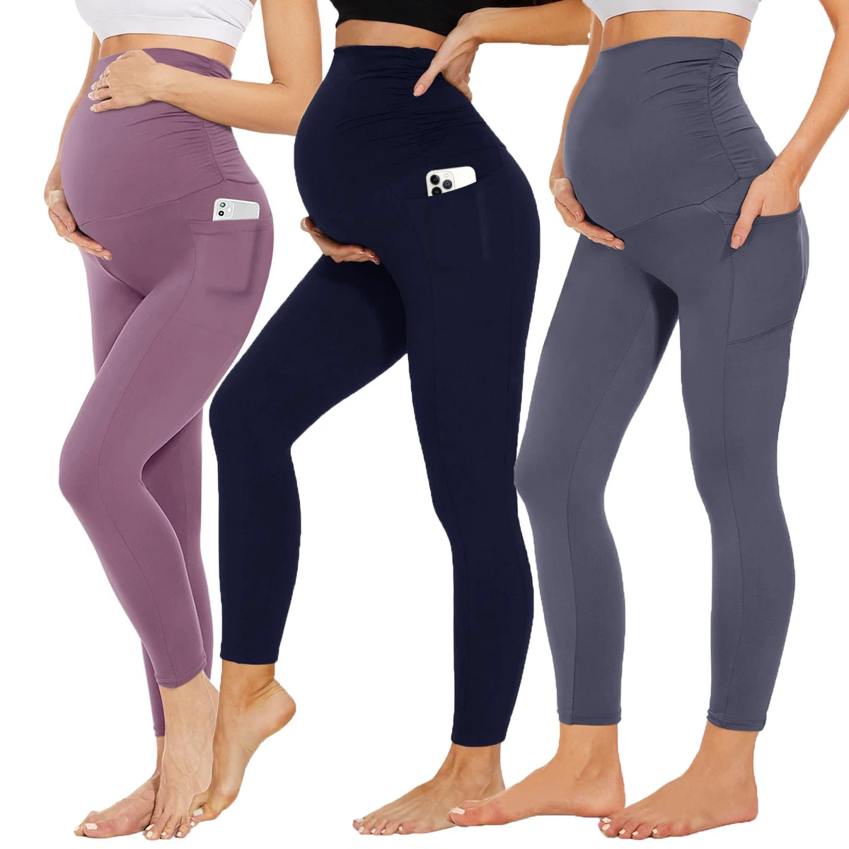 High Rise Tummy Compression Slimming Maternity Clothes Tights Solid Pregnant Yoga Leggings With Pockets
