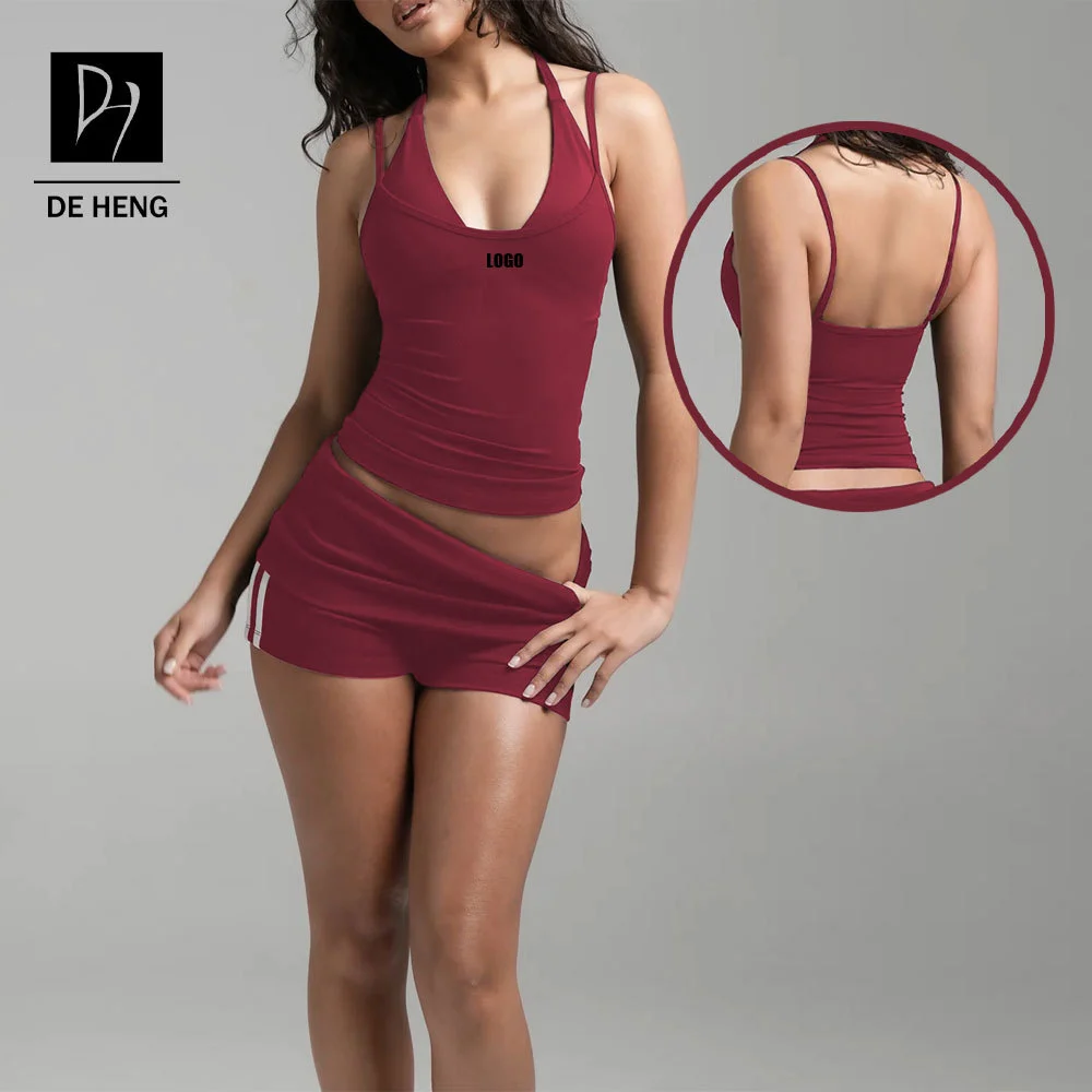 Custom Halter Neck Yoga Set Sexy 2 Piece Side Stripe Gym Shorts & Crop Top Sports Suit Workout Outfits for Women