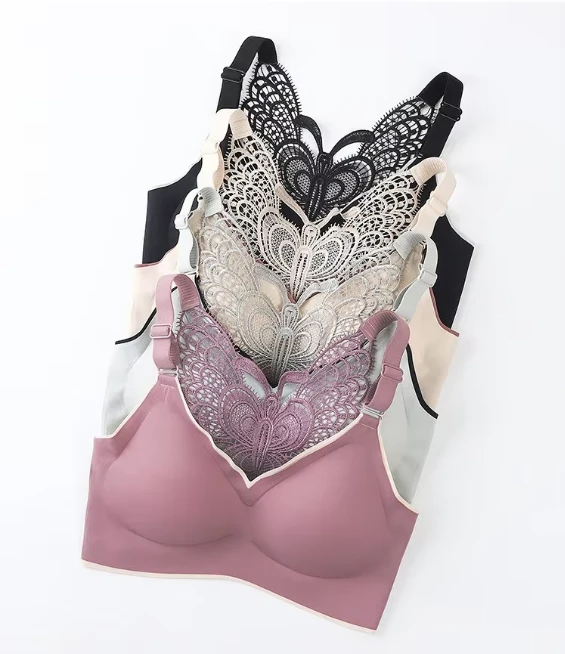 Beautiful Butterfly Back Padded Seamless Latex Bra Lace Decoration Free Sports Underwear Camisole for Ladies Plus Range Lingerie