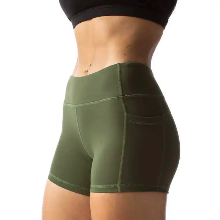 Women's High Waist Solid Green Sporty Yoga Shorts With Pockets Breathable Knitted Spandex Nylon Fit