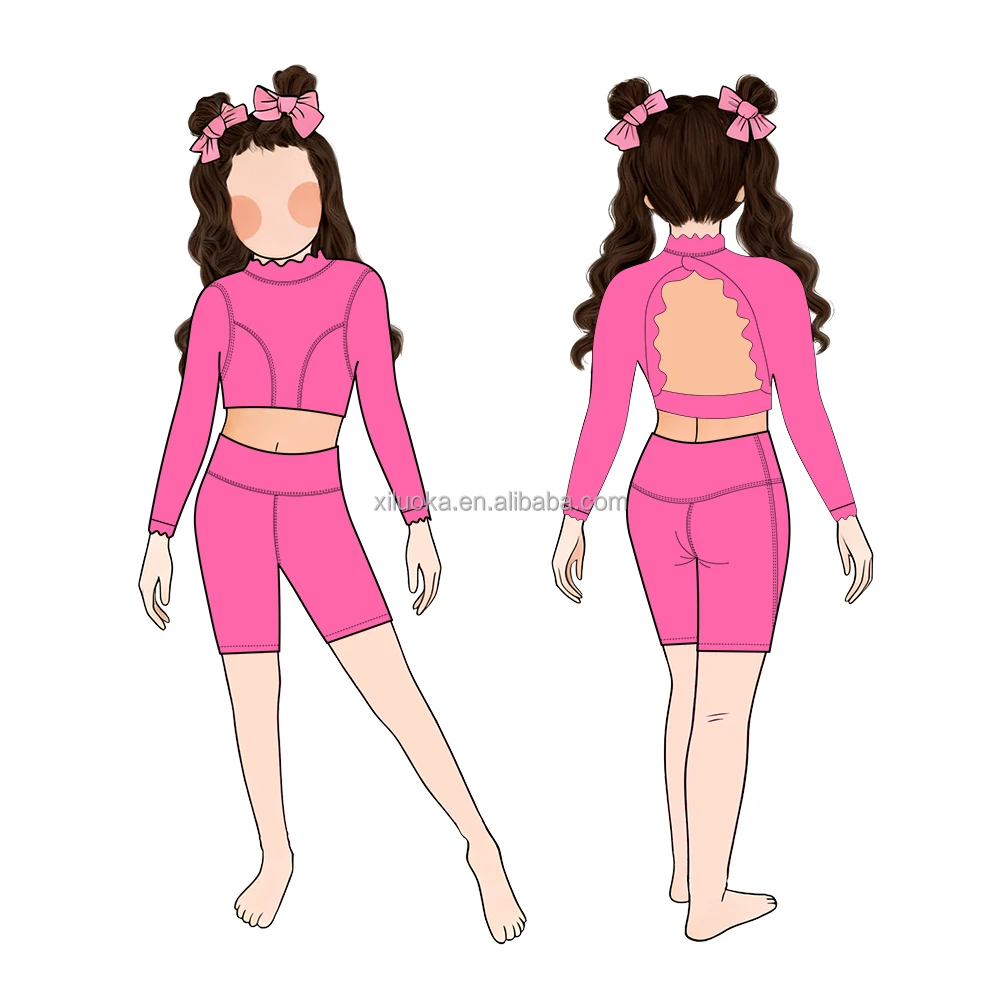 Girls Yoga Set Long Sleeve Top With Lace Up Back Design And Yoga Shorts Custom Logo Color Active Wear