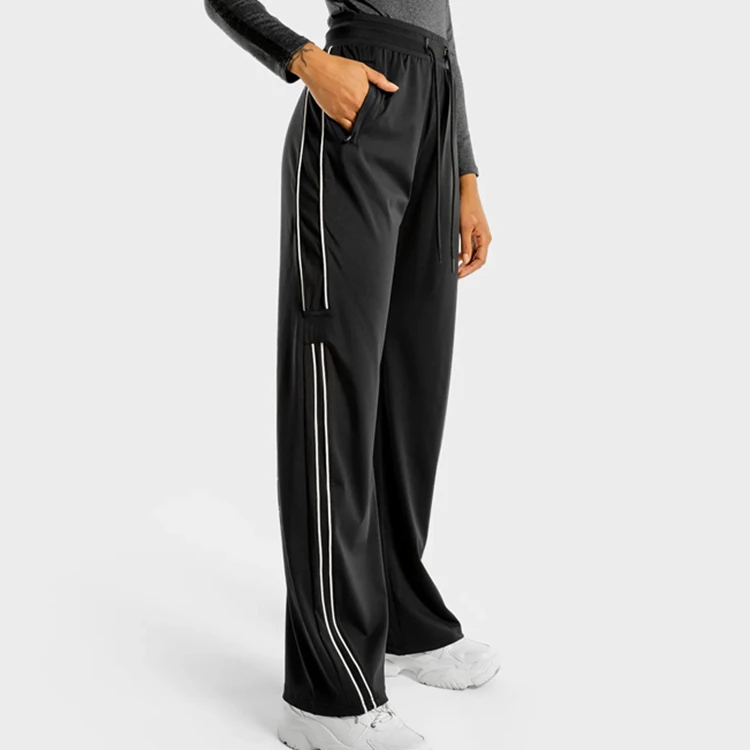 Custom Women Casual Pockets Mid Rise Drawstring Straight Pants Spandex/Polyester Breathable Quick Dry