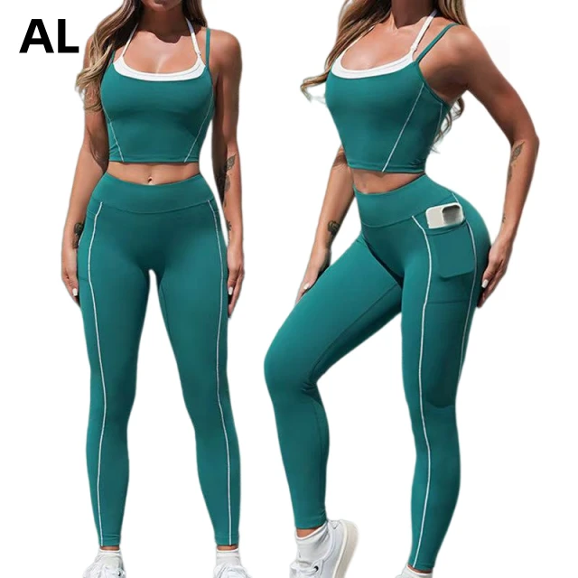 New Design AL Women' Summer Breathable Yoga Bra, High Waist Tight Pants, Quick Drying Fitness Sports, Color Contrast 2-piece Set