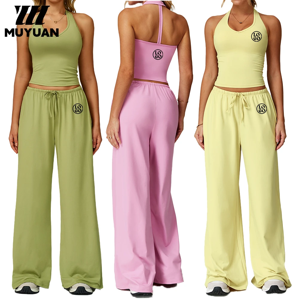 Custom Logo Women's Yoga Sportswear Set with Quick-Dry Halter Top and Flared Pants for Fitness Sports Running Spring Summer Fall