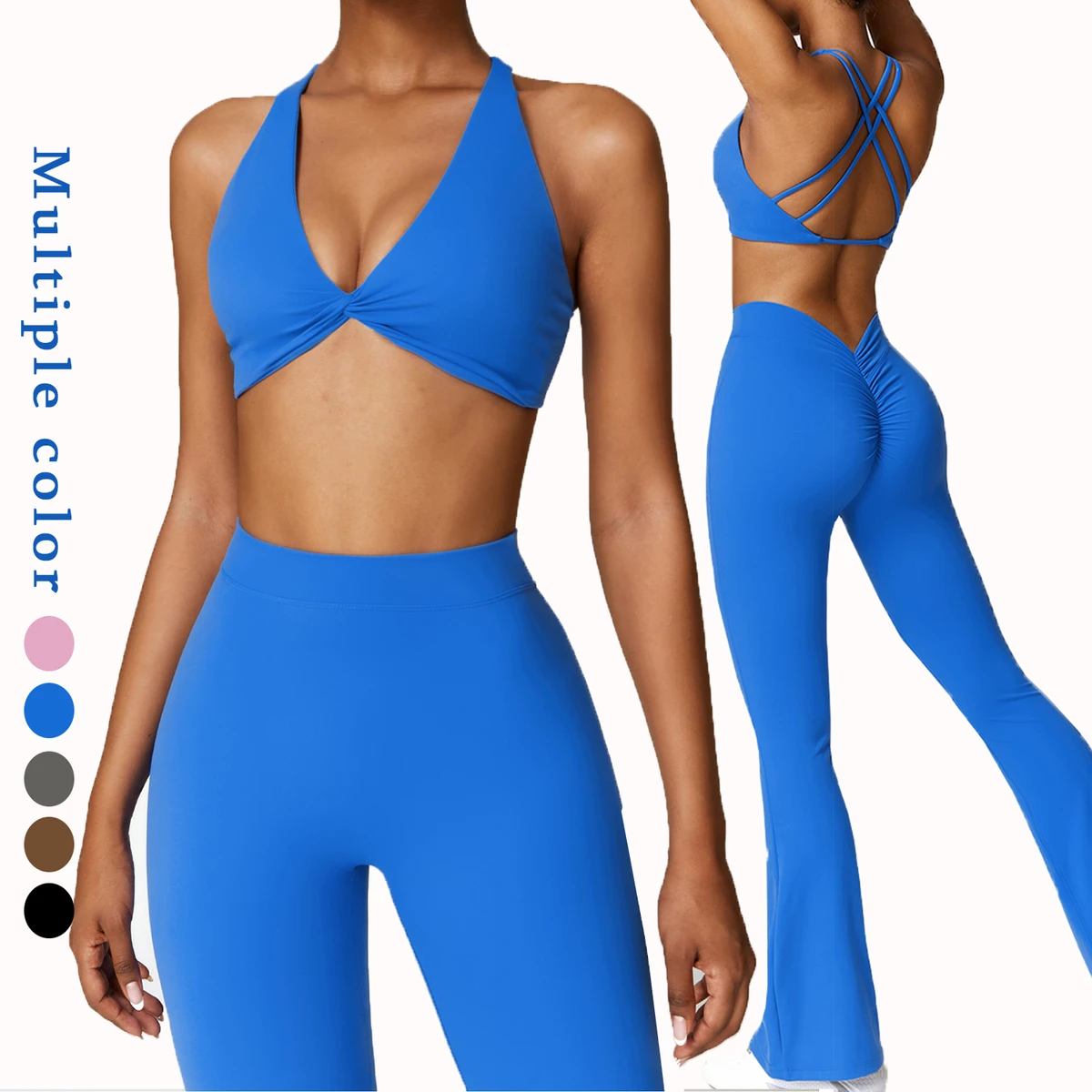 High Quality Women Scrunched Butt Yoga Sets Fitness Activewear 2 Piece Gym Solid Color Flared Leggings Sport Yoga Set for Ladies