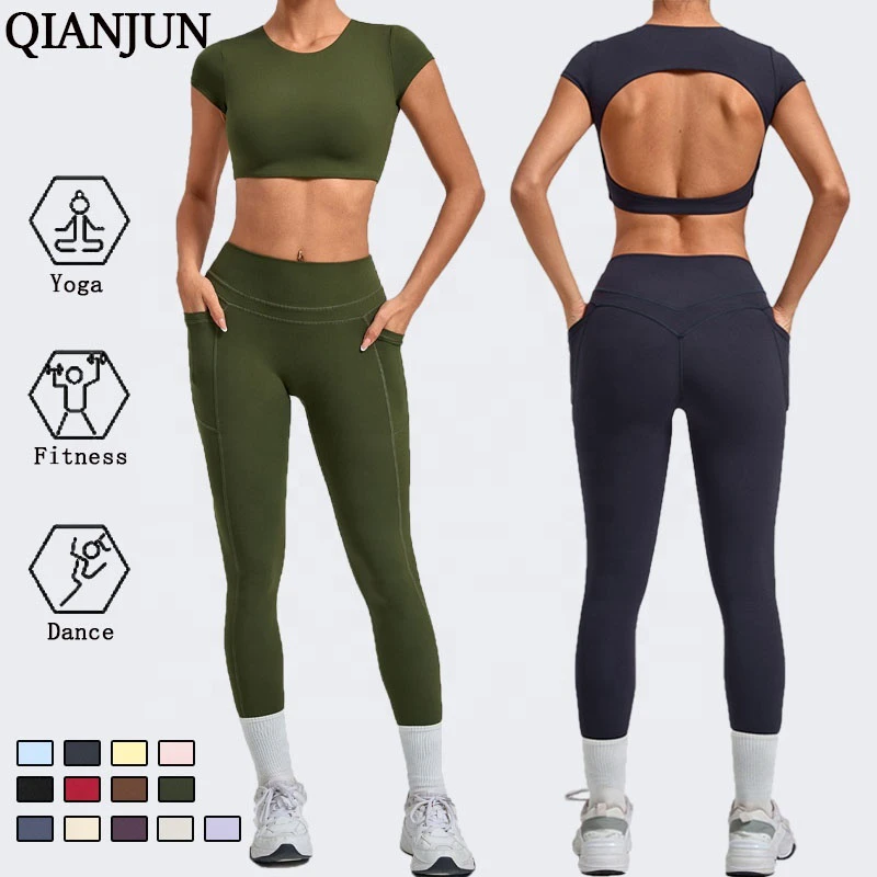 Wholesale Women's Yoga Workout 2 Piece Set Backless Top Butt Lifting Leggings with Side Pockets for Gym Fitness Outdoor Sports