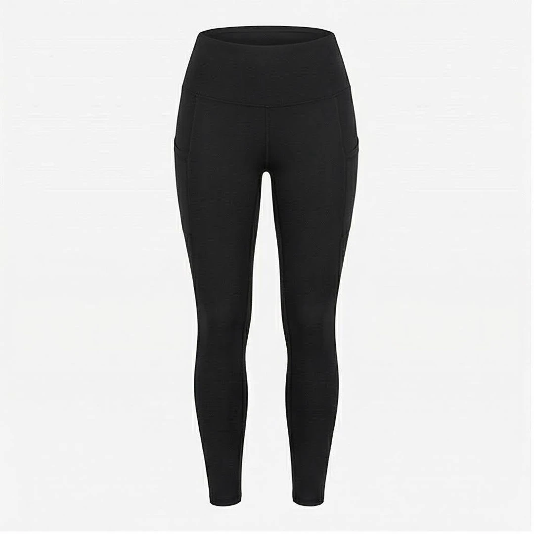 High Waist Full Length Yoga Leggings With Pockets Solid Black Seamless Four-Way Stretch Women's Sportswear