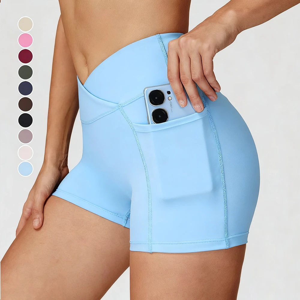 Women's High Waisted Crossover Yoga Shorts with Side Pockets Stretchy Breathable Workout Shorts for Yoga Gym and Running
