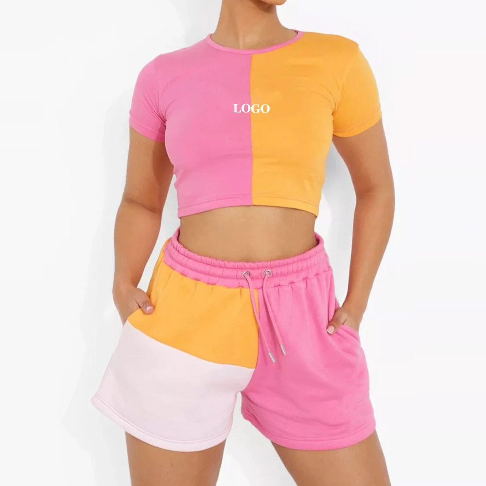 Custom Logo Embroidered Casual Women's Winter Solid Two-Piece Set Short Sleeve Crop Top Full-Length Knitted Leggings (100%