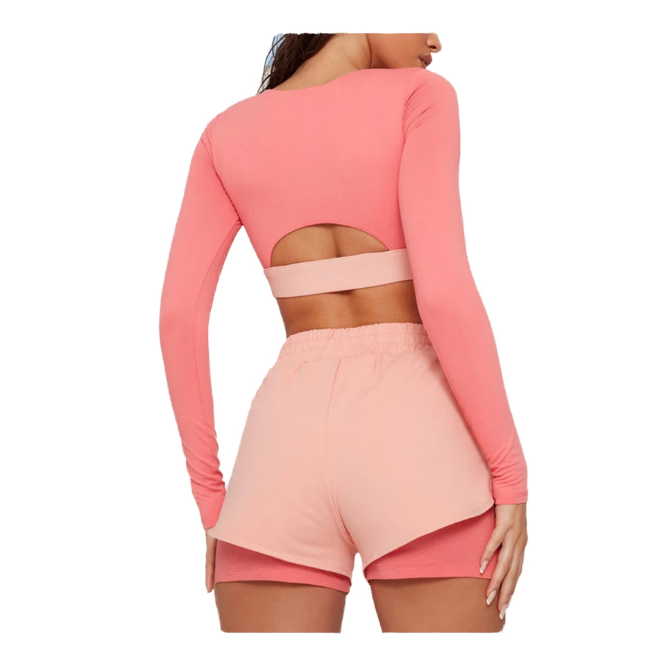 New Arrival Women's Gym Fitness Active Wear Fashion Sportswear Suit with Long Zipper Crop Top Shorts 2-Piece Workout Yoga Set