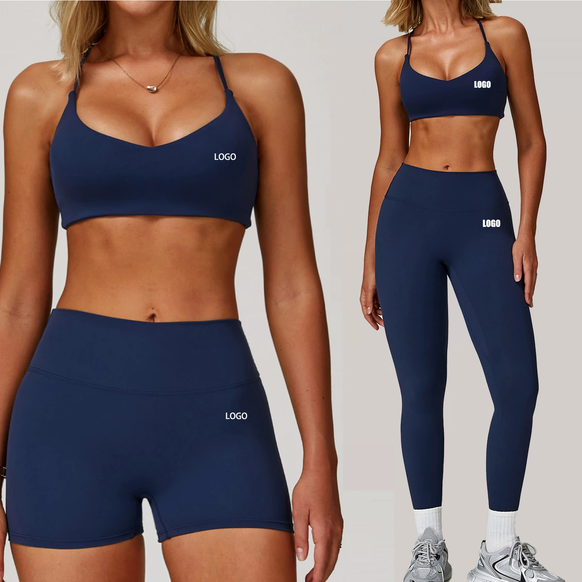 Women's Summer Sportswear 2-Piece Crop Top Bra Short Set Quick Drying Nylon Fitness Custom Yoga Set Solid Pattern Front Logo