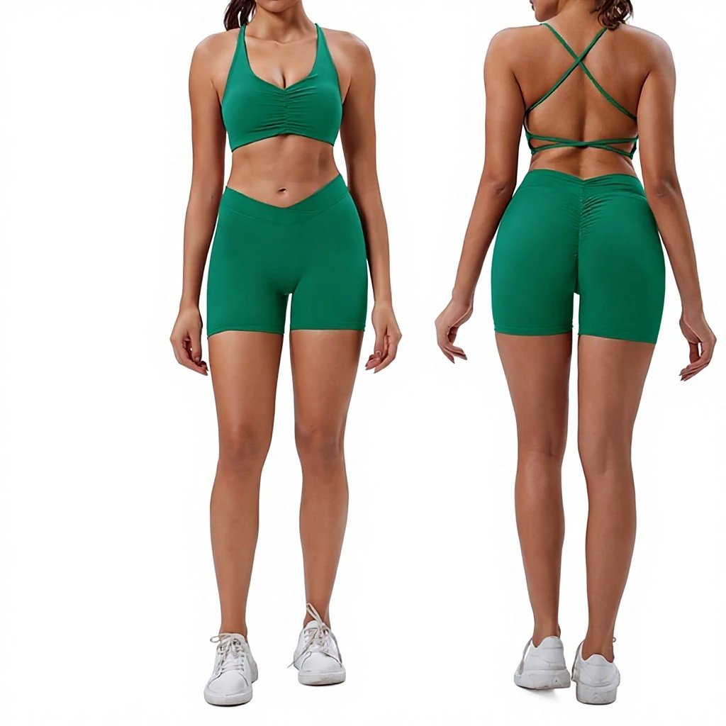 Women's Solid Color Eco Recycled Fabric Yoga Set Sleeveless Sports Bra High-Waisted Tight Shorts Elastic Waist Fitness