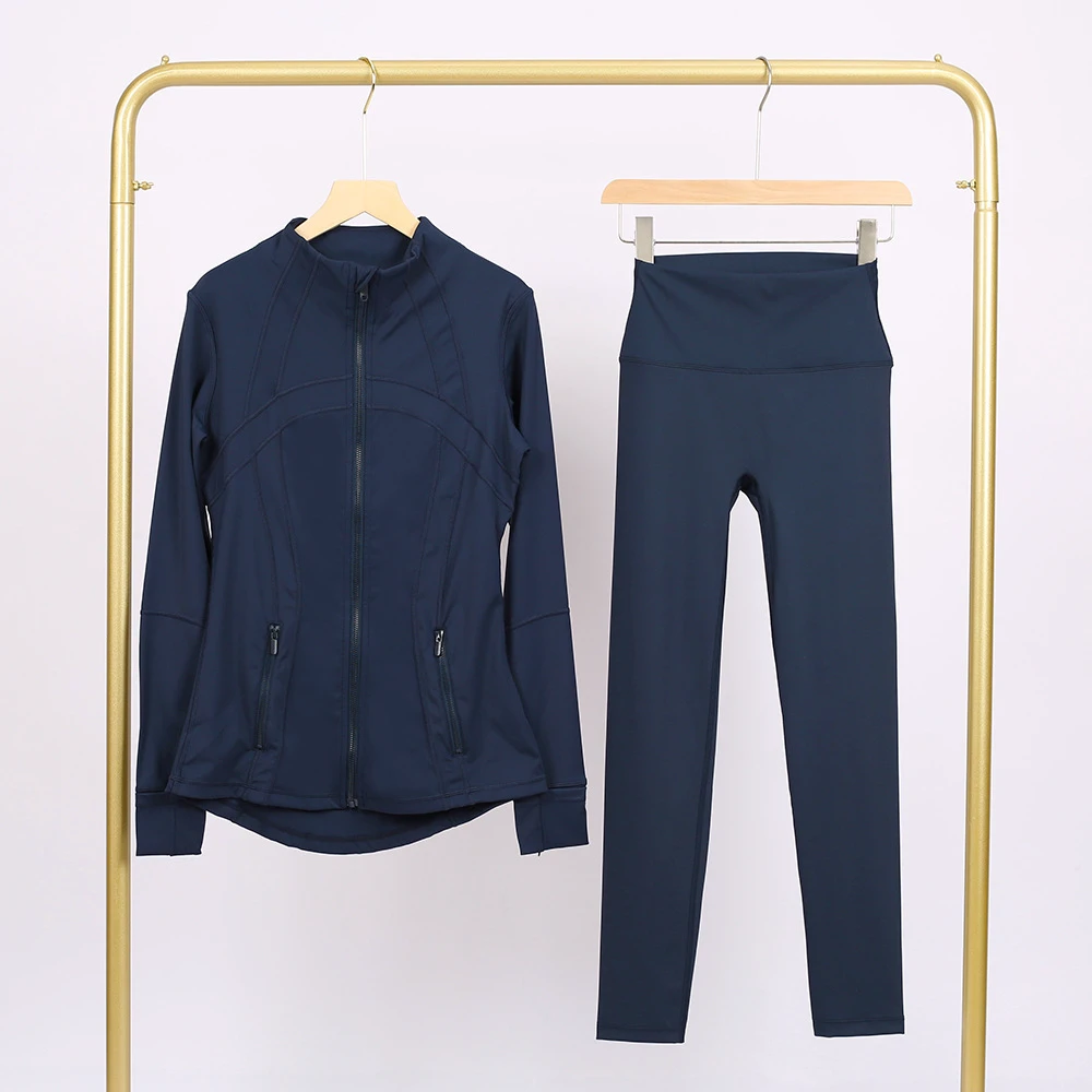 Women's DF Jacket 2-Piece Yoga Set: High-Waisted Leggings, Cropped Jacket with Metal Zipper, Quick-Dry, Slim-Fit, Breathable