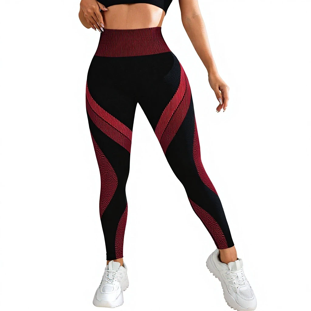 Seamless Breathable High Waist Contrast Color Yoga Pants Women's Tight Hip Lifting Elastic Waist Spandex/Nylon Black Long