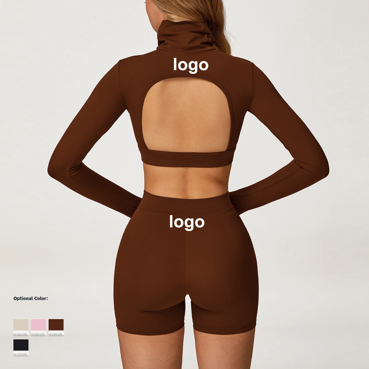 Turn Down Collar Shorts Suit Soft Crop Top Women High Quality Sport Outfit Scrunch Legging and Bra Long Sleeve Active Yoga