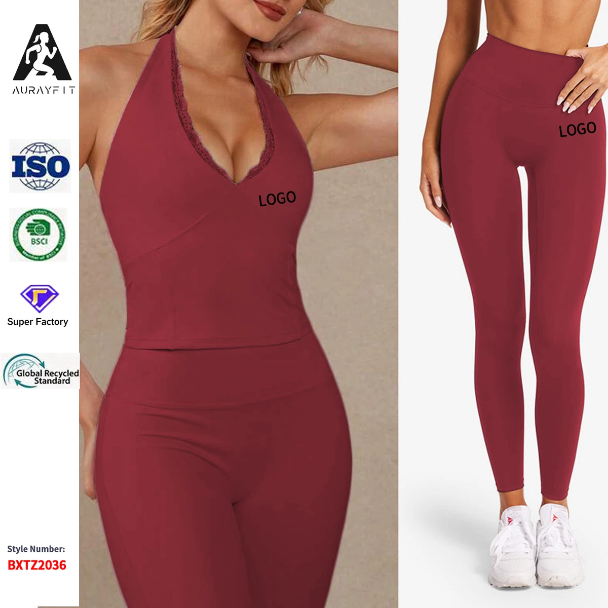 Cross-border Solid Yoga Pants Set Lace Splicing Halter Neck Top High-waisted Leggings 2-piece Set for Sports Fitness Pilates