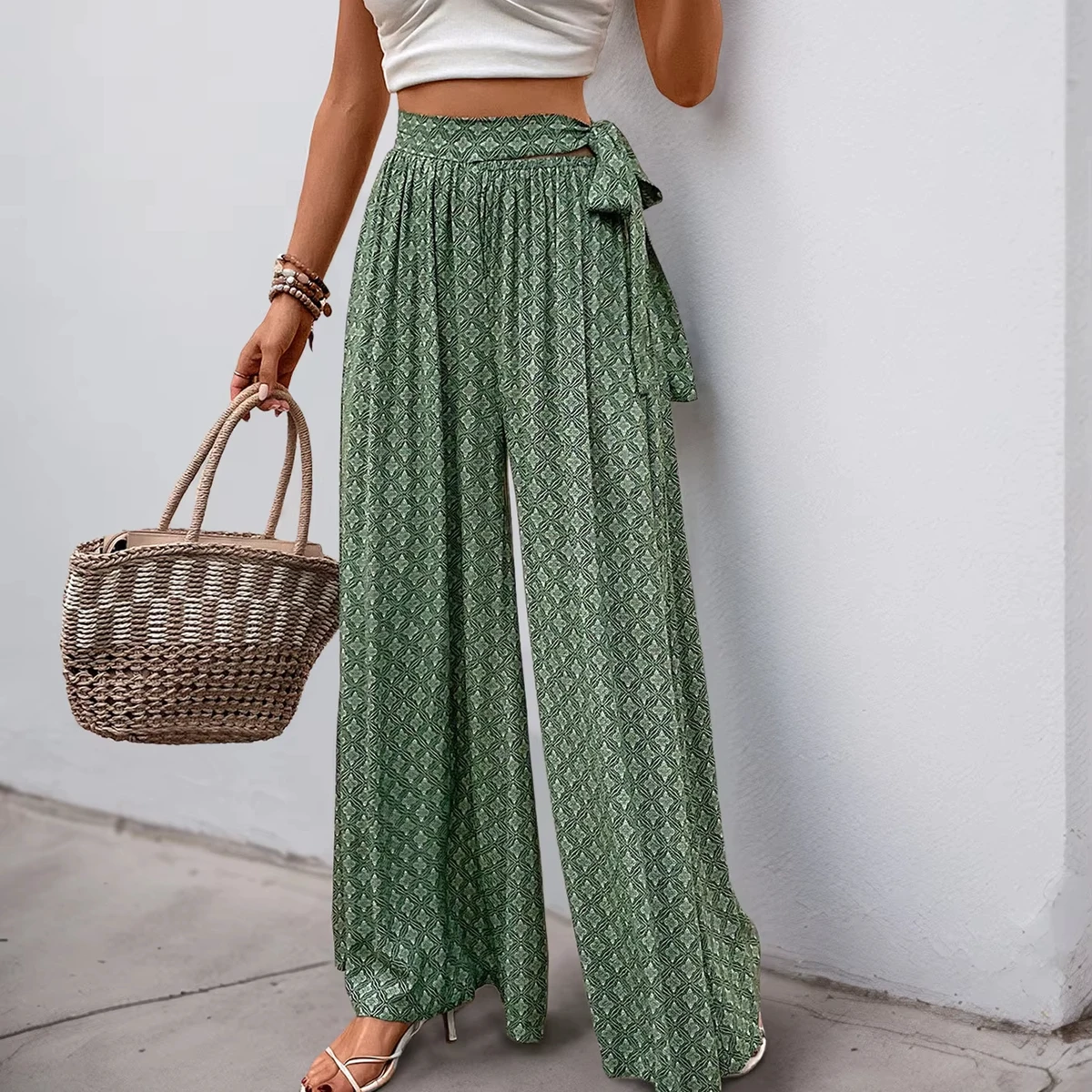 Women's Loose Popular Summer Women's Lace-up High-waisted Casual Print Trousers for Summer Holiday and Beachwear