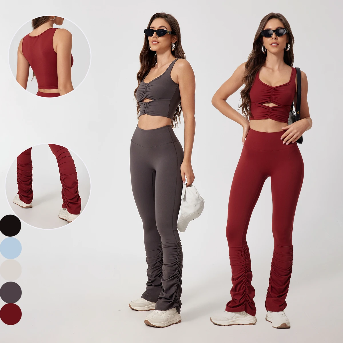 Women New Fashion High Quality Hollow Out Design High Waist Tummy Control Active Wear Workout 2 Piece Yoga Sets