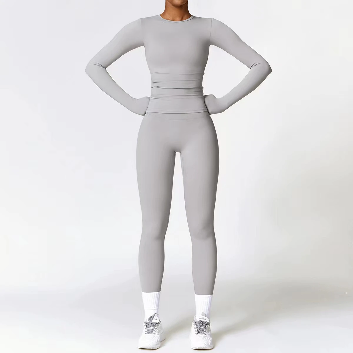 Custom Logo Women Two Piece Set Long Sleeve High Waist Leggings Yoga Fitness Suit Running Gym Sports Training Sport Wear