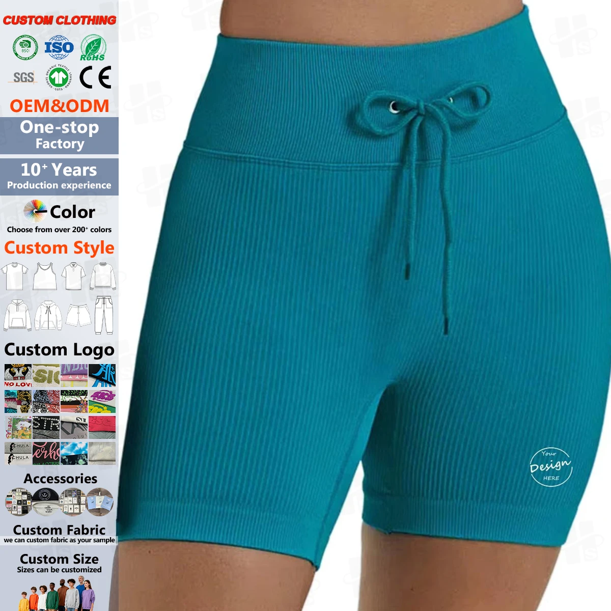 Casual Women Yoga Wear Tight Fit Rib Knitted Fabric Shorts With Drawstring Wholesale Solid Color High Waist Gym Shorts for Women