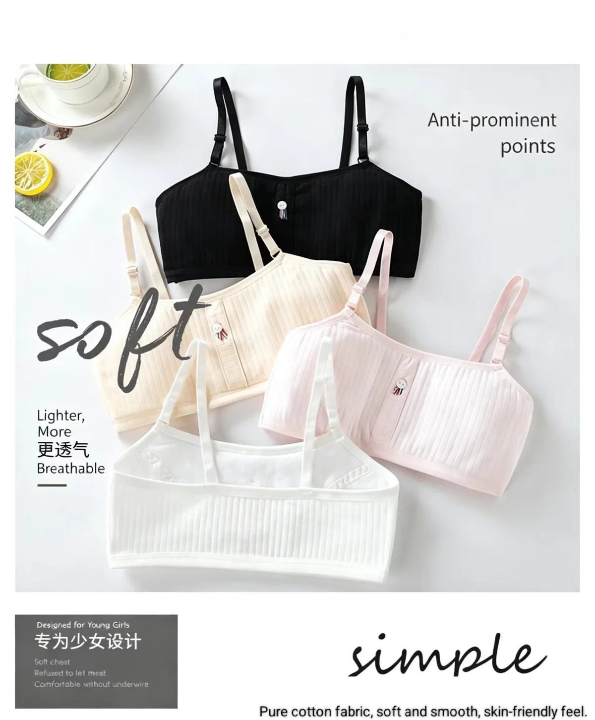 Girl Cotton Training Bra 7-12Y Teen Soft Breathable Antibacterial Eco Friendly Washable Lightweight Stretch Underwear