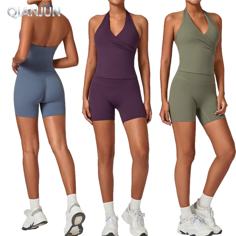Hot Sale Quick Dry Yoga Wrap Top Shorts Yoga Set V-Neck Halter Workout Suits Fitness Yoga Wear 2 Pieces Set for Ladies