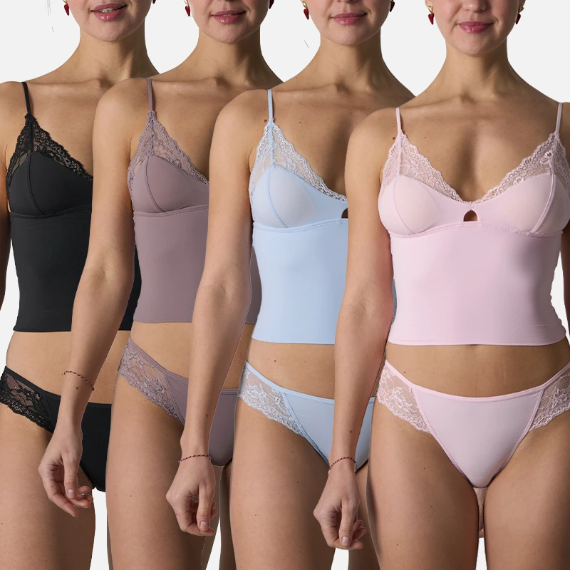 SK1383+1379 Women 76% Nylon 24% Spandex Lace Trim Bralette Cami With Padding & Matching Panties Sexy Soft Lingerie Set