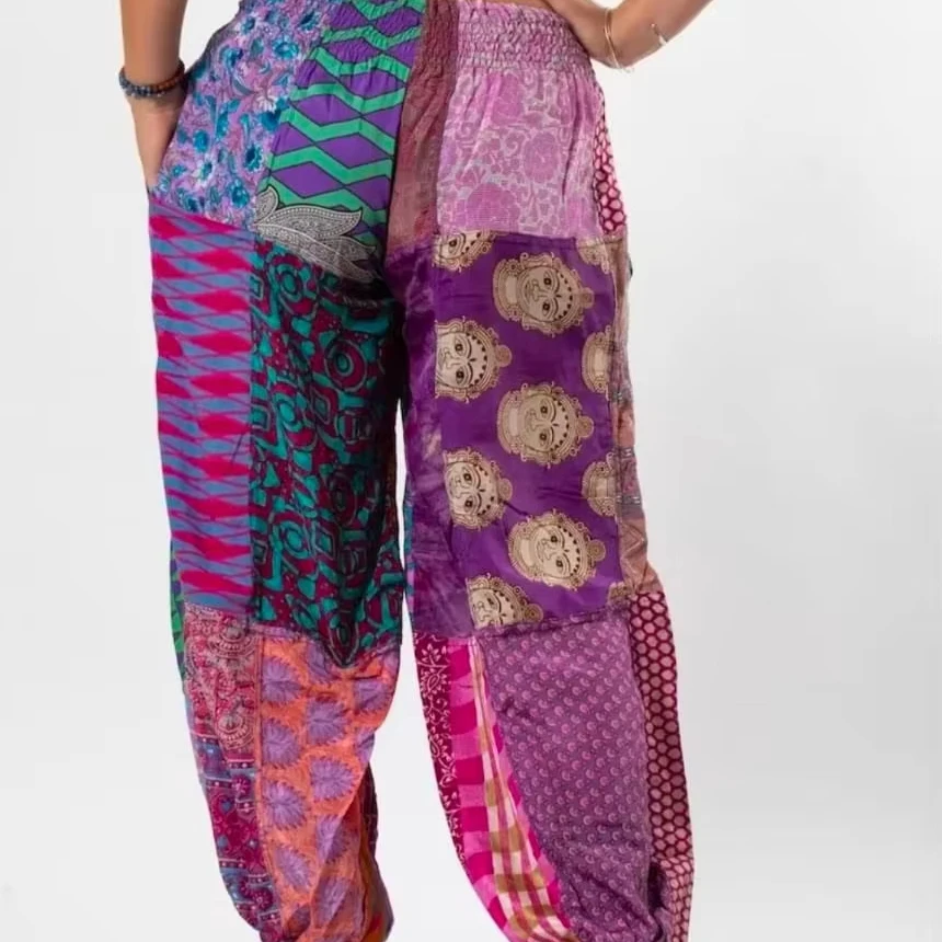 Lofbaz Women's Summer Casual Mid Wide Leg Palazzo Trousers Breathable Eco-Friendly Yoga Hippie Harem Elastic Patchwork Print