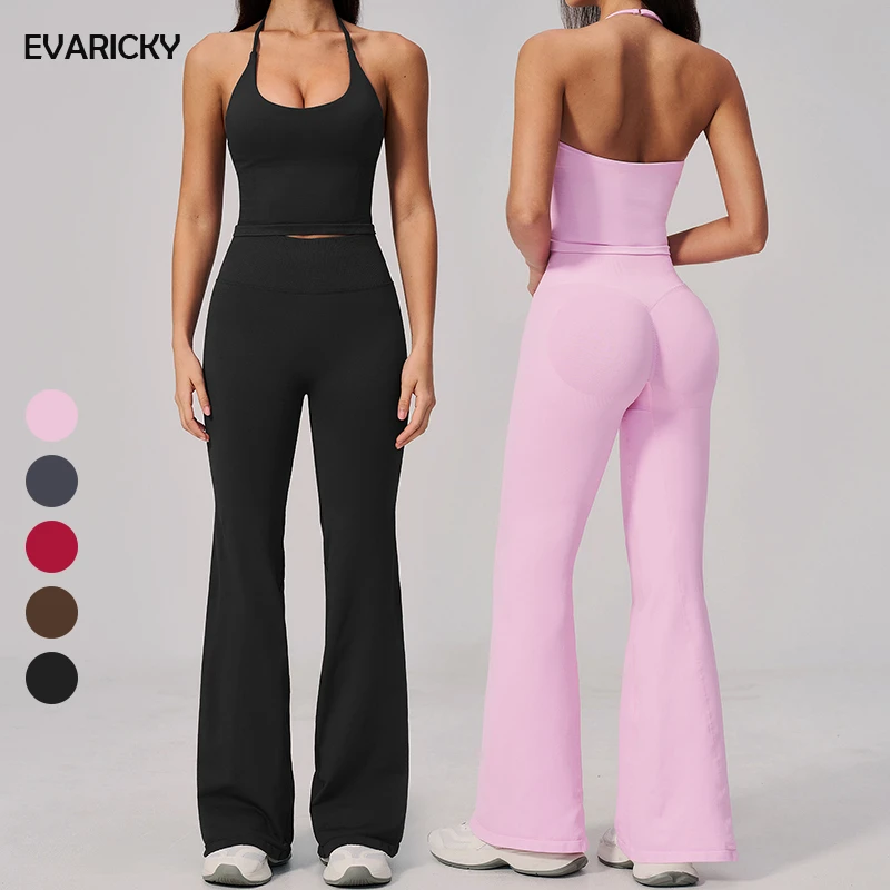 EVARICKY Women Summer Solid Breathable Lightweight Seamless Yoga Outfit Sports Tank Top And High Waist Flare Leggings Gym Set