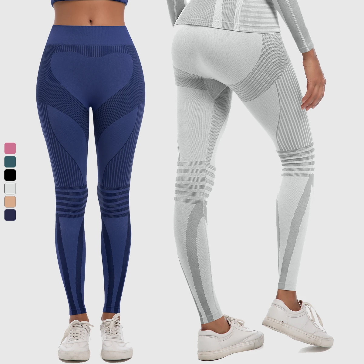 New Women High Full Length Yoga Fitness Leggings Elastic Waist Striped Seamless Peach Hip Scrunch Butt Lifting Quick Drying