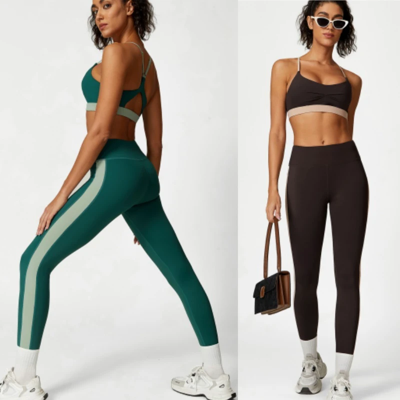 Aoyema Women's High Waist and Hip Lift Fitness Pants Sports Underwear Long Sleeved Fitness Suit Tight Yoga Bra Legging Set