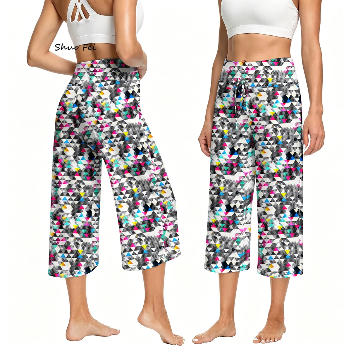 Women Neon Block Triangle Crop Pants Drawstring High Waisted Yoga Capri Trousers Pixel Pattern Wide Leg Gym Casual Trousers Wear