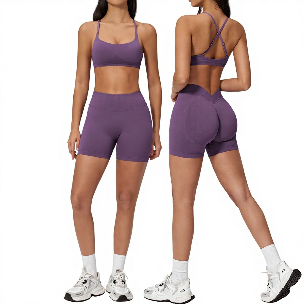 High-Elastic Breathable Quick-Drying Solid 5-Piece Women's Sports Suit Set with High-Waist Seamless Knit for Yoga & Fitness 7790