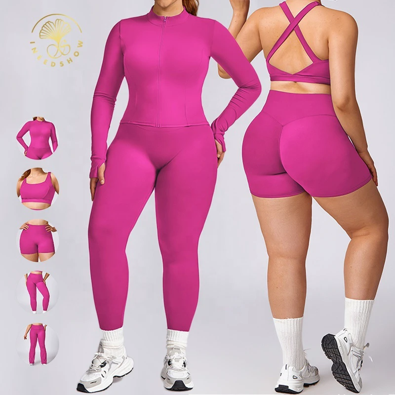 5 Piece Workout Clothing Quick Dry Nylon Zipper Sports Tracksuit Fitness Active Wear Plus Size \Women's Fitted Gym Yoga Sets