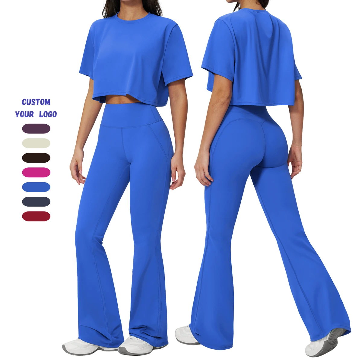 2 Piece Women Yoga Set Crop T Shirt High Waist Flare Leggings Gym Fitness Workout Running Activewear Sports Suit