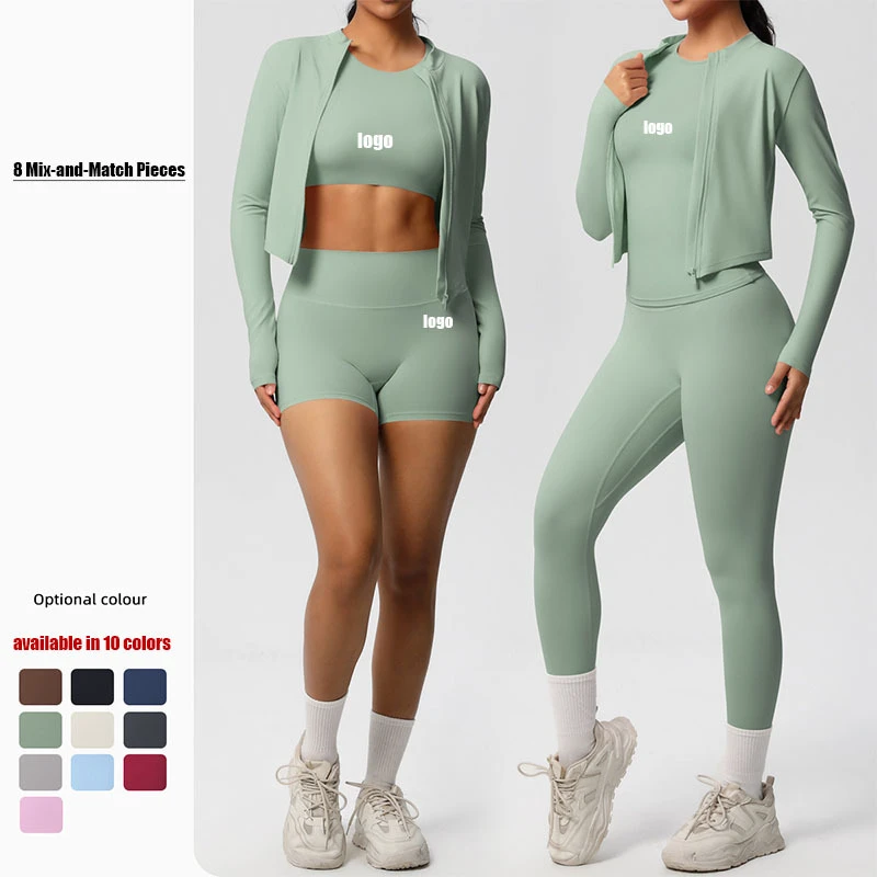 8pcs Solid Breathable Yoga Suit Tight Women's Outdoor Running Fitness Front Spandex/Nylon Elastic Waist Set