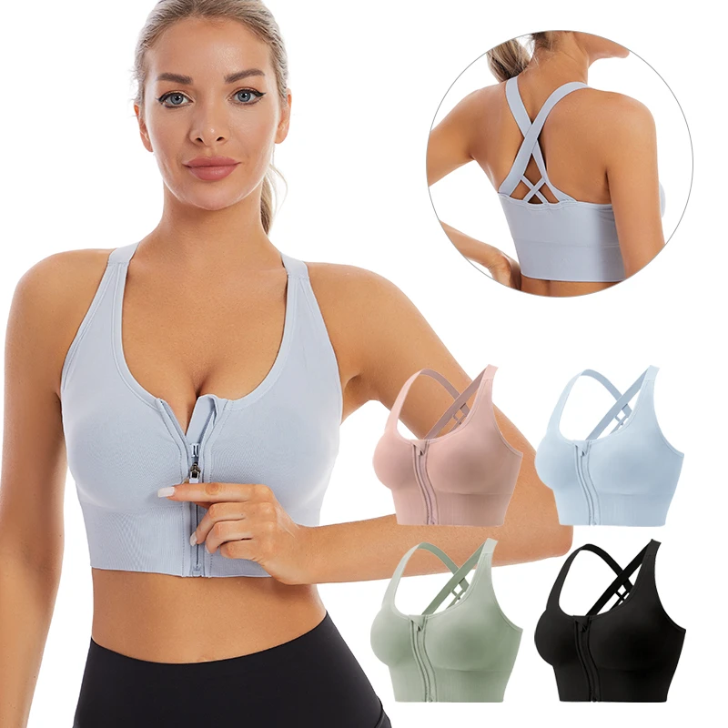 Hot Sale Women Seamless Front Zipper Sports Bra Shockproof Cross Back Breathable Yoga Gym Fitness Push-Up Vest Top For Ladies