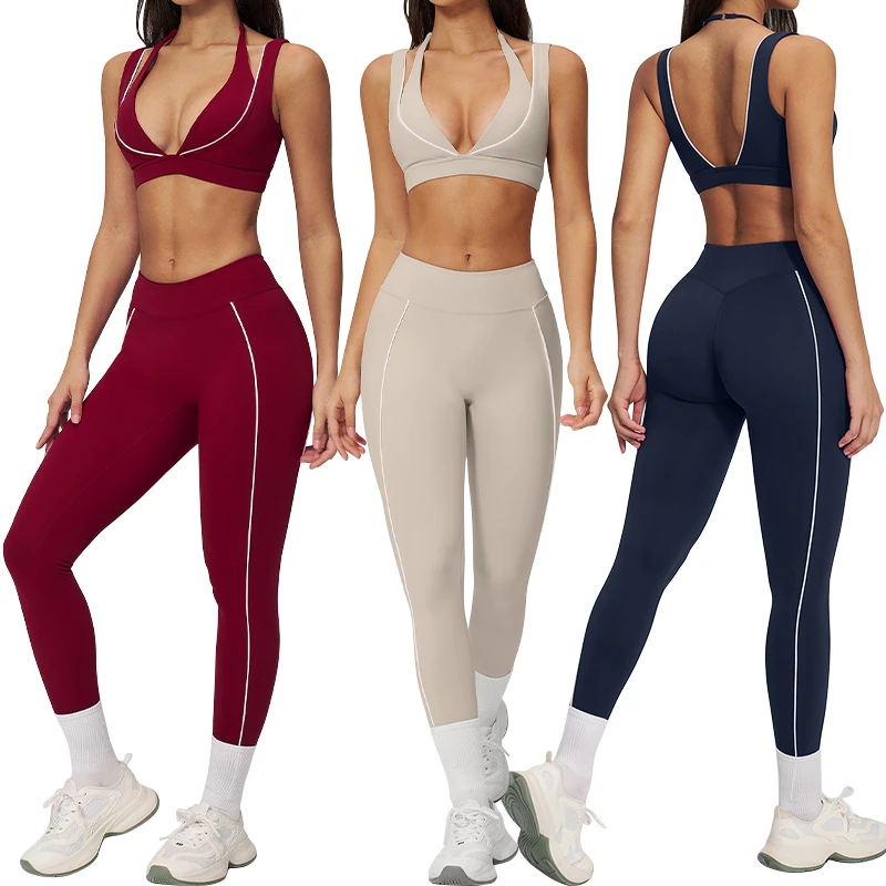 TZ5079-4 Double Layer Design Hang Neck Wide Straps Hollow Back Sports Bra Fashion Yoga Leggings Yoga Set