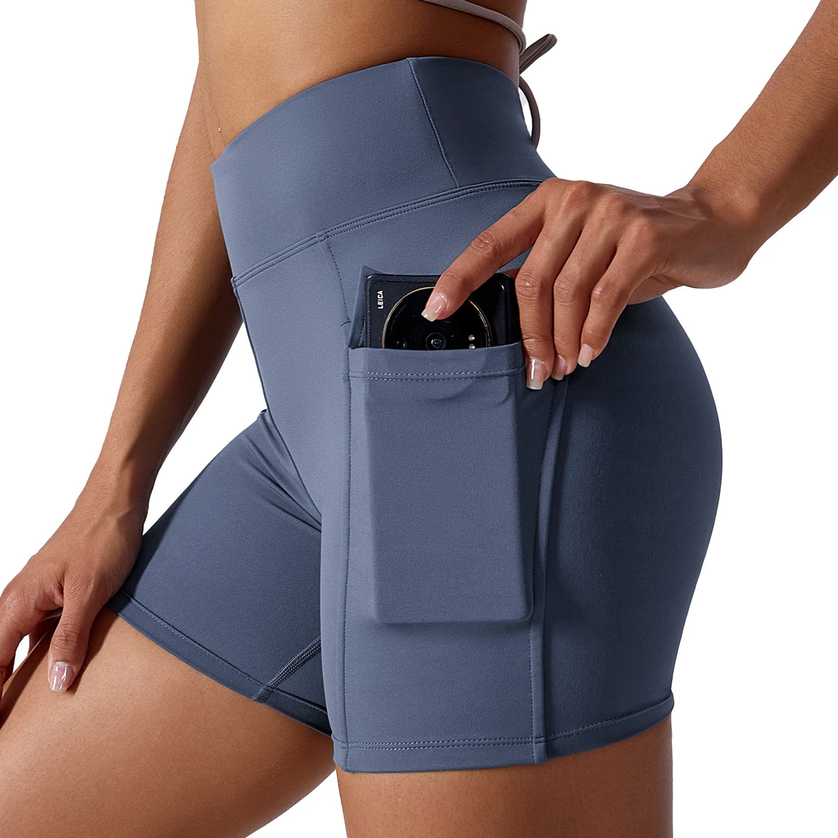 Women High Waist Tummy Control Butt Lifting Seamless Scrunch Solid Four-Way Stretch Eco-Friendly Breathable Yoga Shorts Pockets