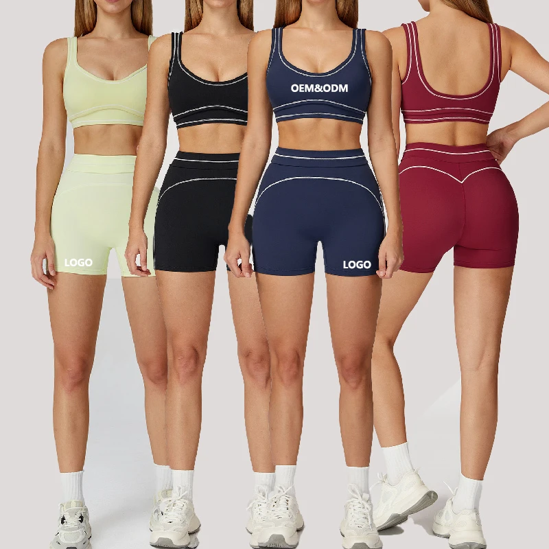 New Solid Custom LOGO High for Breathable Four-Way Stretch Quick Dry Sports Bra High Waist Shorts Yoga Set Women 2pcs