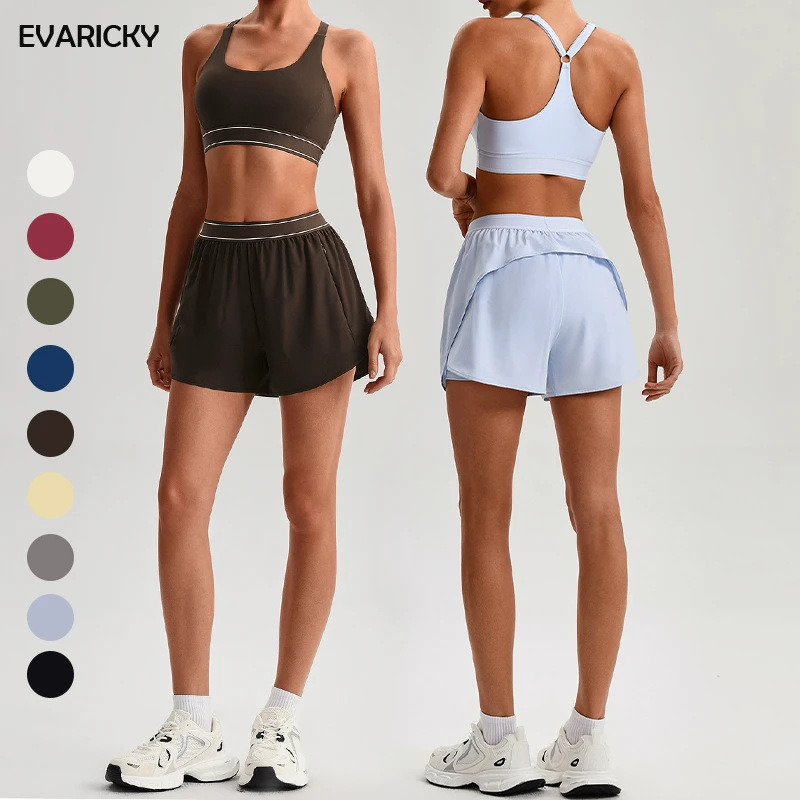 New Breathable Adjustable Shoulder Strap Racerback Sports Bra High Waist Pocket Shorts 2 Piece Yoga Set for Yoga Running Gym