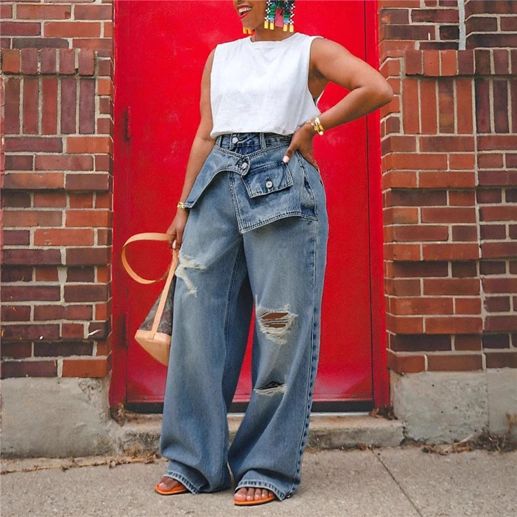 Streetwear Harajuku Jeans for Women Ripped Denim Trousers Casual Straight Y2k Wide Leg Pants