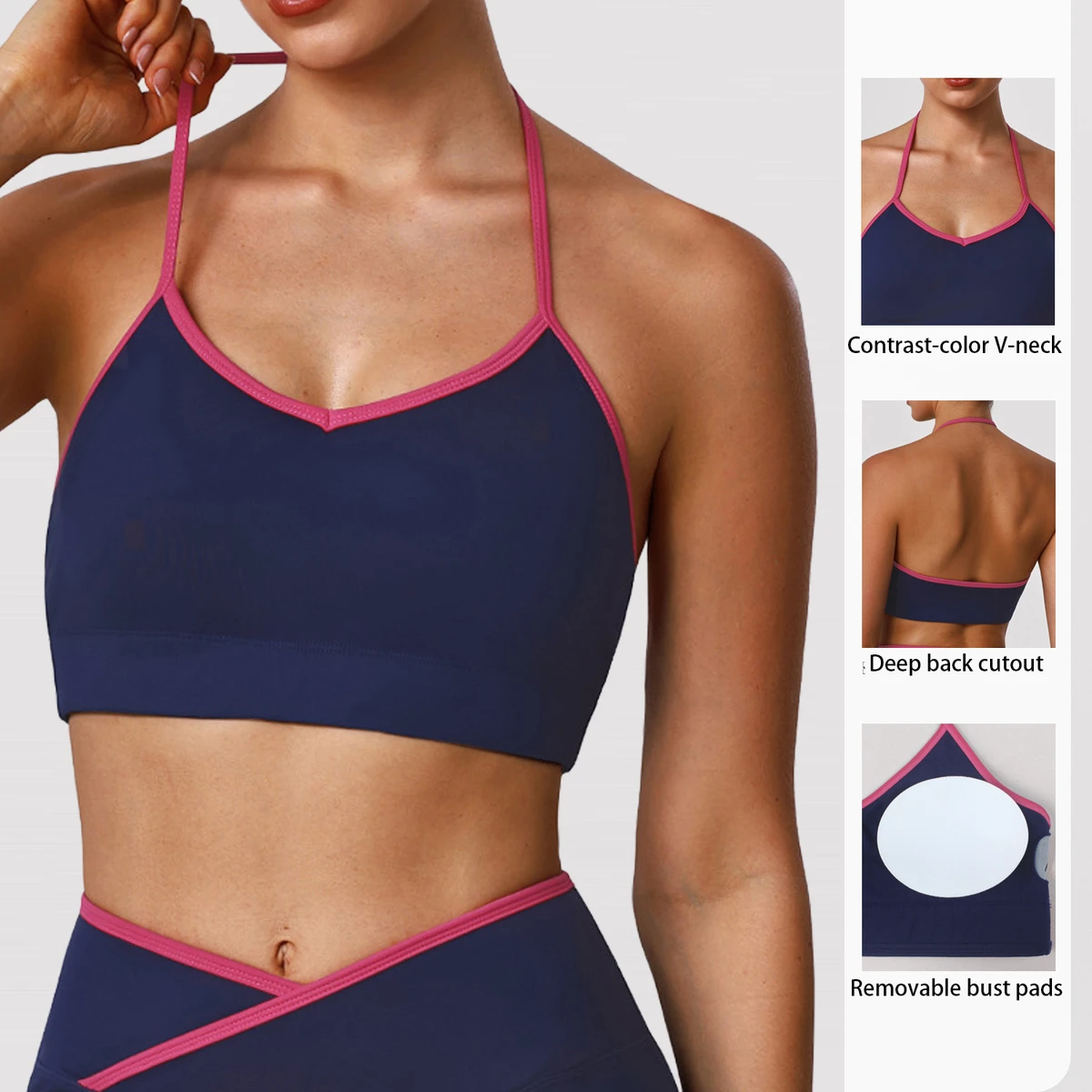 Contrast-Color High-Stretch Yoga Bra with Halter Neck and Open Back Breathable, Supportive, Quick-Dry Sports Bra for Fitness