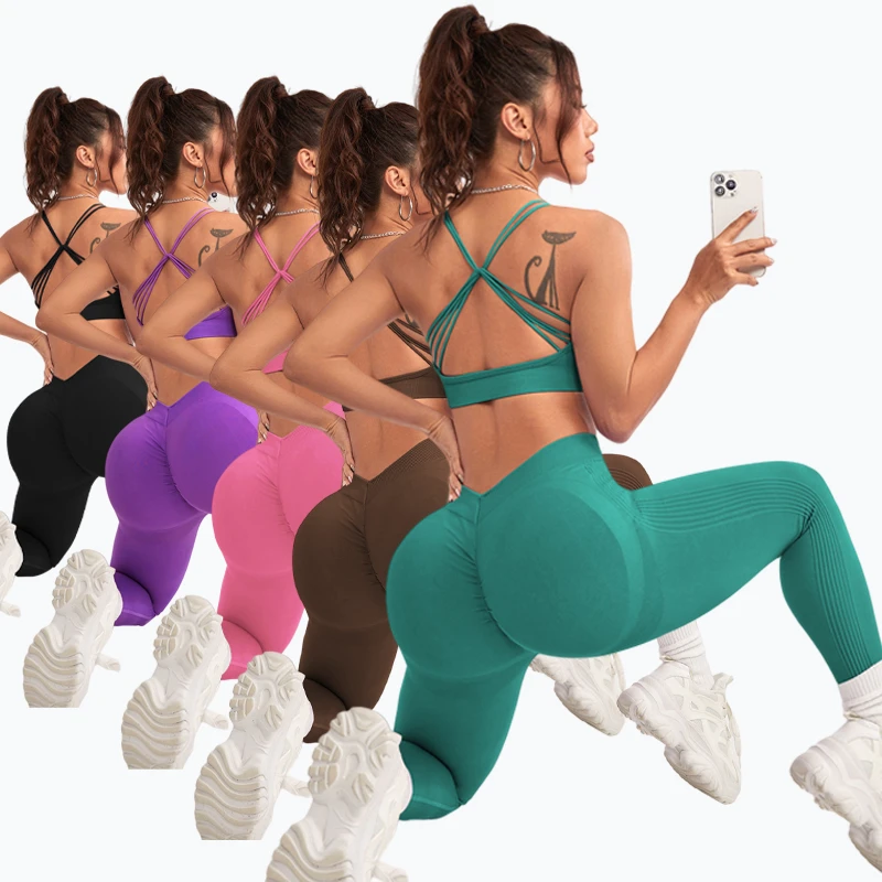 Women Bra+Scrunch Butt V Waist Leggings 2PCS Yoga Sets Gym Fitness Sets Activewear Workout Running Clothes Seamless Sportswear