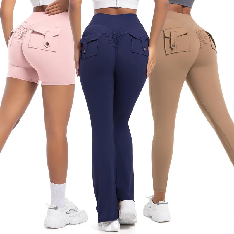 High Waist Elastic Solid Peach Hip Yoga Pants Back Pockets Quick-Drying Running Fitness Cargo Shorts Leggings Flare Pants