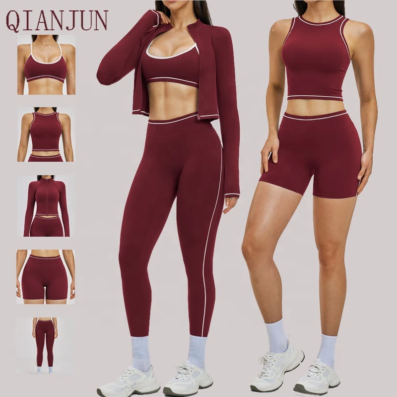 Women New Contrast Color Gym Fitness Yoga Set Quick Dry Sports Bra High Waist Shorts Training Fitness Wear