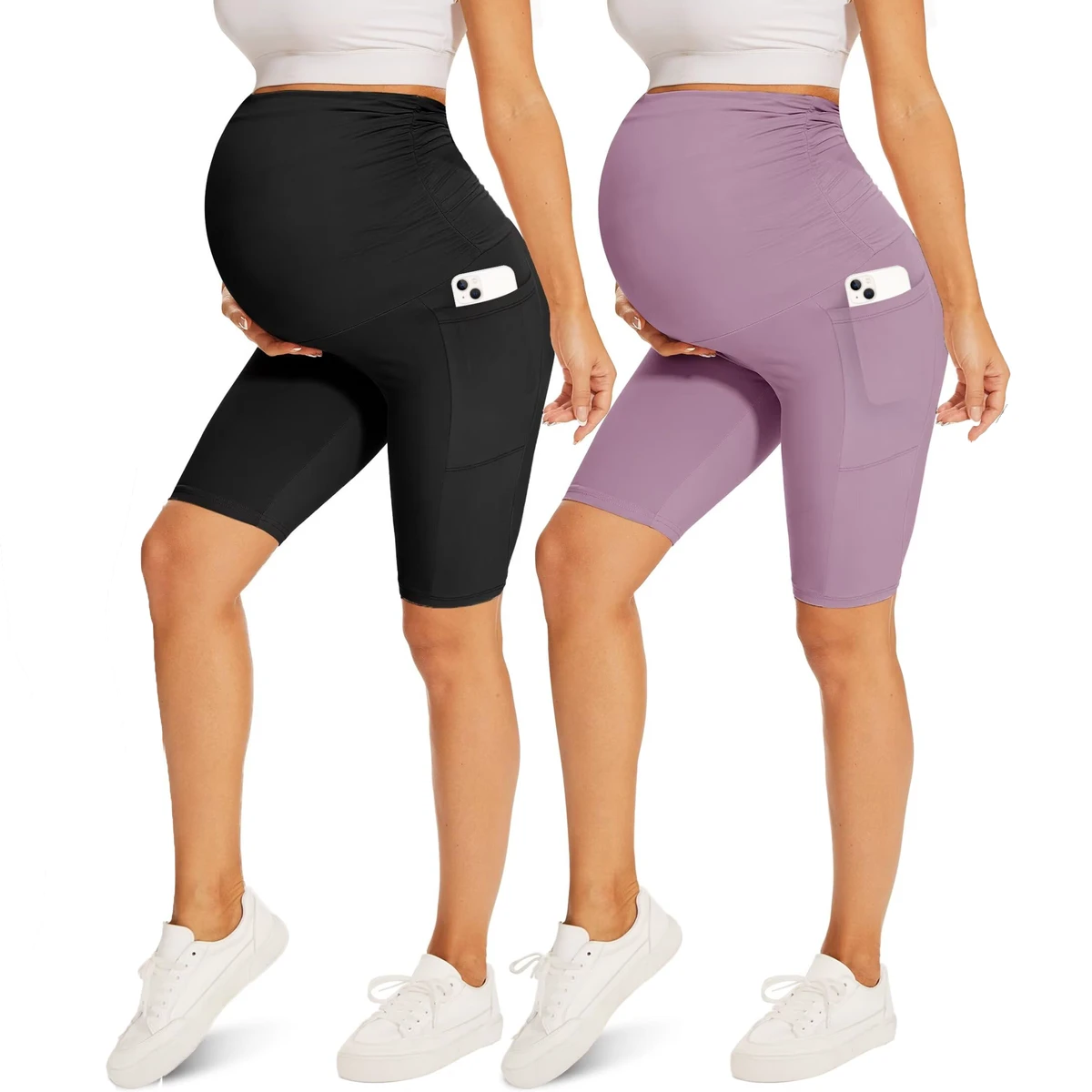 High Waist Breathable Maternity Biker Shorts with Pockets Knitted Fabric 8