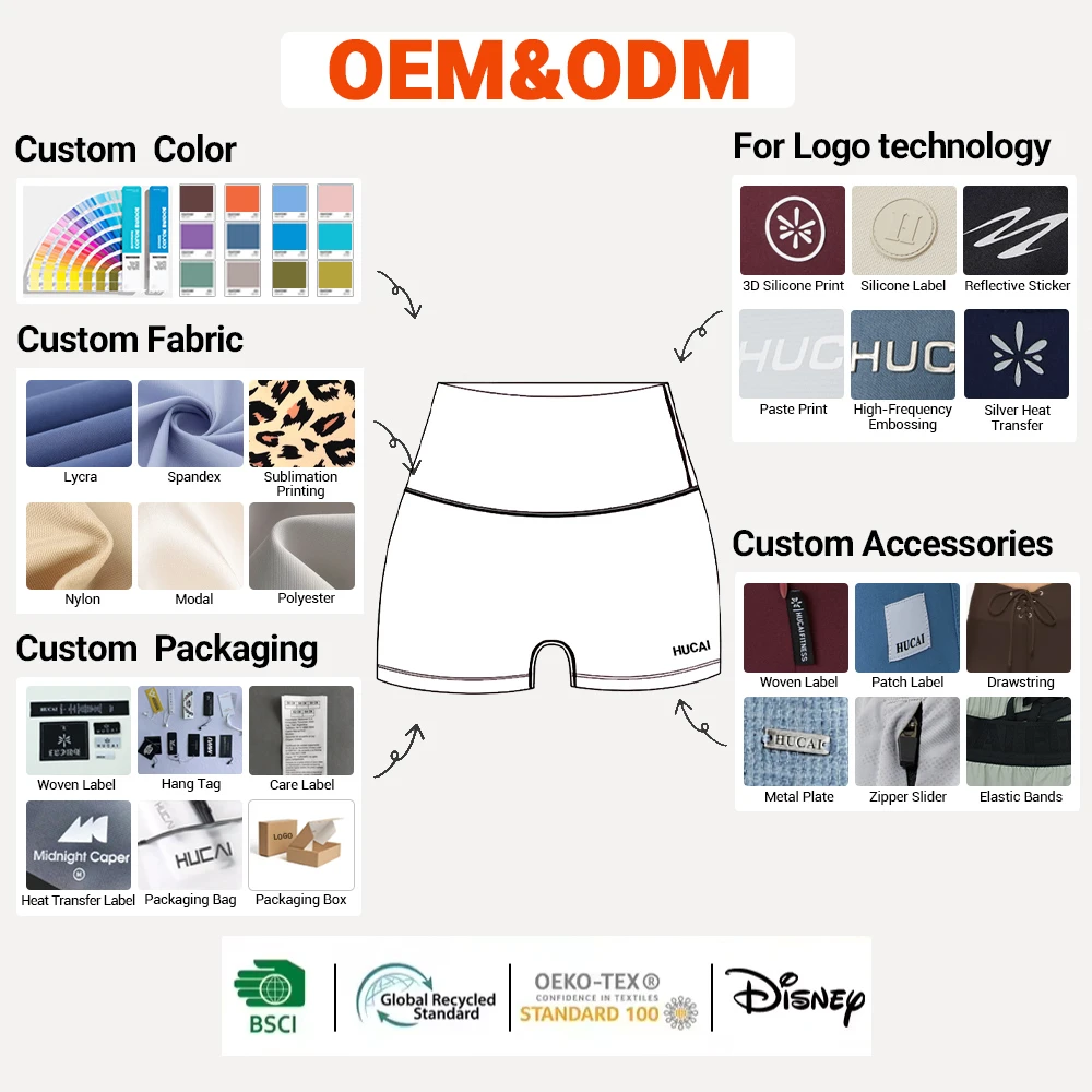 OEM ODM HUCAI Custom Women Quick Dry Nylon Spandex Butt Lift Sports Wear High Waist Fitness Workout Gym Yoga Shorts