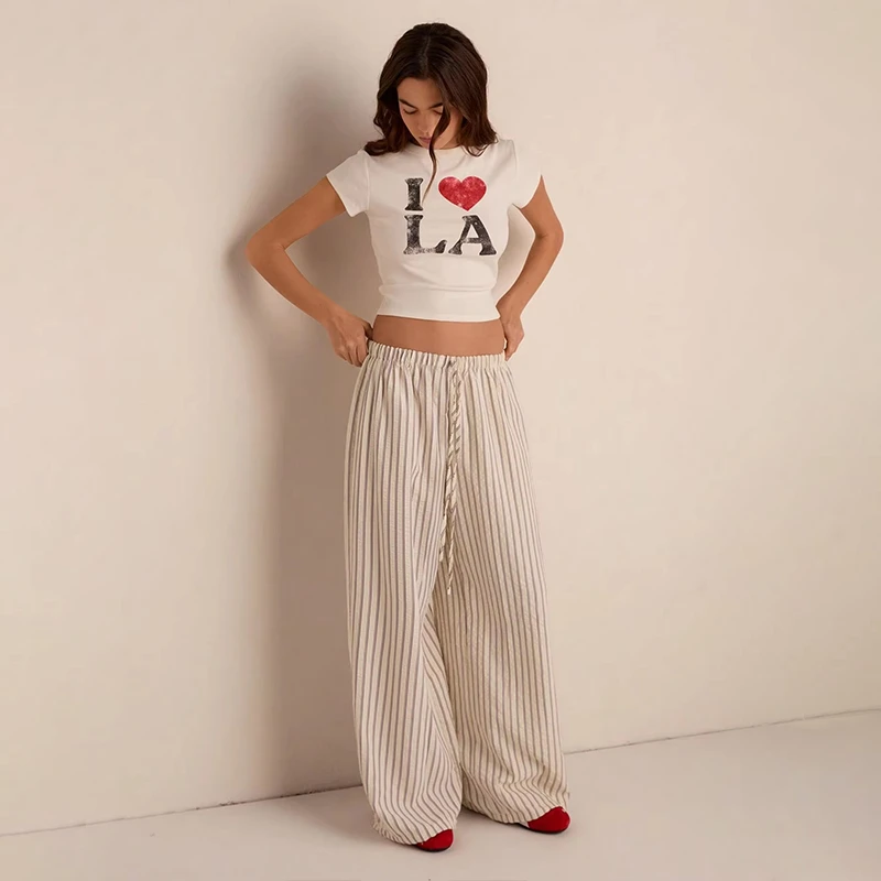 Ladies Summer Casual Mid Waist Wide Leg Pinstripe Drawstring Loose Slim Pants Eco-Friendly Breathable 100% Polyester